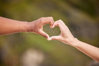 Buy stock photo Hands, gesture and diversity together with heart, relationship growth and commitment with love and support. Nature, teamwork and solidarity with people, emoji and outdoor partnership or collaboration