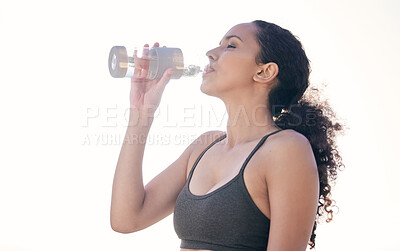 Buy stock photo Studio background, woman and drinking water after yoga for hydration, wellness and health. Female yogini, mineral liquid and H2O as beverage to detox, thirsty and relax for fitness exercise by mockup