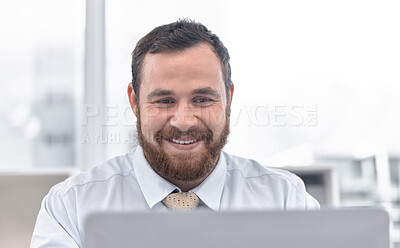 Buy stock photo Office, business and man with laptop, thinking and smile with internet, communication and happiness. Person, employee or consultant with computer, technology and website info with research or network