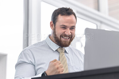 Buy stock photo Fist pump, laptop and businessman in office with achievement, job promotion or career celebration. Happy, technology and male trader with finance stock market on computer for winning at workplace.