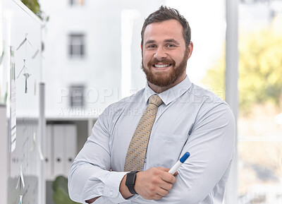 Buy stock photo Happy man, board or portrait of teacher in classroom with arms crossed in business school, college or university. Education, educator or proud lecturer with smile, glass wall or confidence in academy