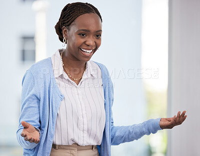 Buy stock photo Black woman, presentation and confident speaking in office, professional consultant and talking. Female person, employee and planning proud in workplace, meeting and teaching opportunity in company