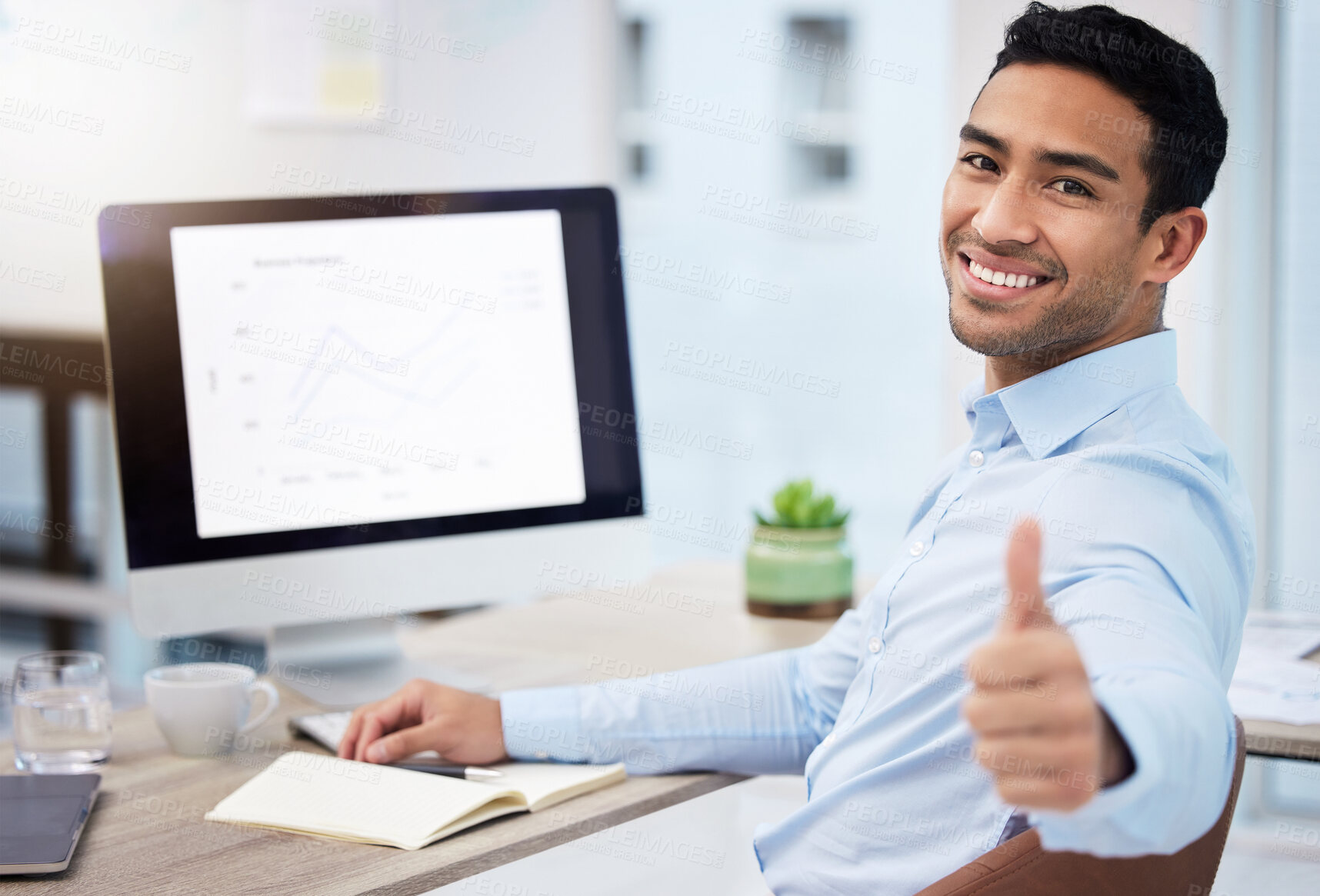 Buy stock photo Businessman, thumbs up and smile portrait with computer screen for seo, sales growth and graph. Happy asian male entrepreneur with tech, hand sign or emoji for support, thank you or goal success