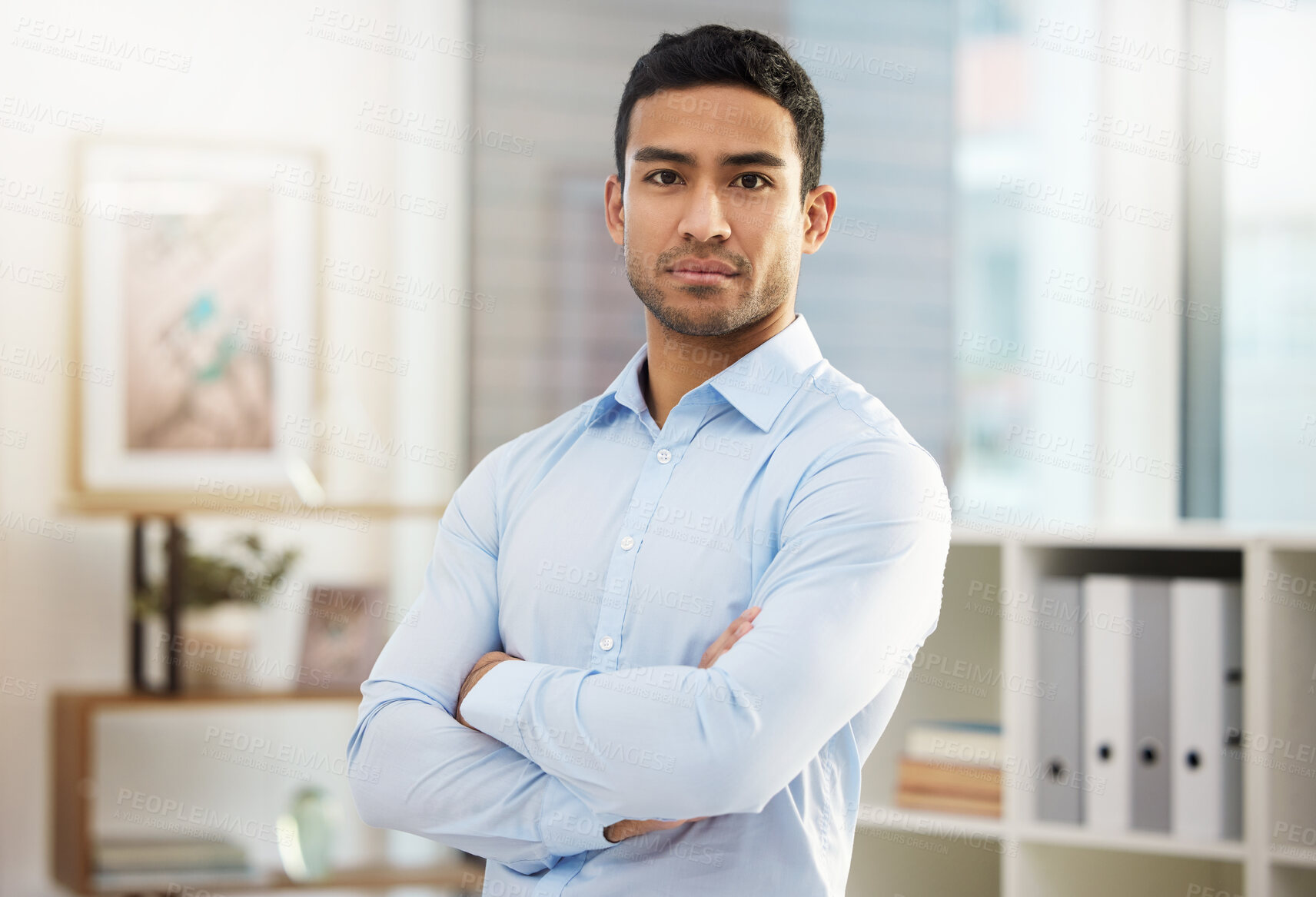 Buy stock photo Crossed arms, office and portrait of business man serious for ambition, company pride and confidence. Corporate, professional worker and entrepreneur in workplace for career, job opportunity and work