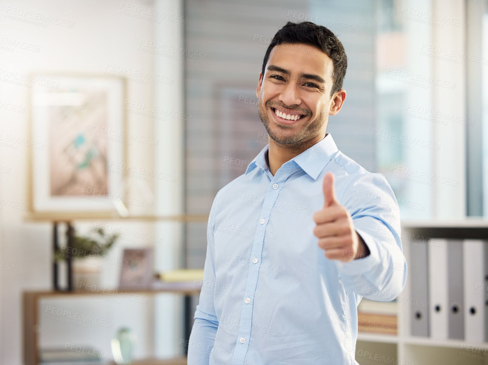 Buy stock photo Thumbs up, office and portrait of business man for success, agreement and achievement. Professional, corporate worker and person with hand gesture, sign and emoji for approval, yes and thank you