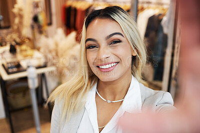 Buy stock photo Woman, portrait and selfie with smartphone with shop in closeup for happiness. Female person, face and selfies at a store with a smile for a sale with beauty to share online with digital app.