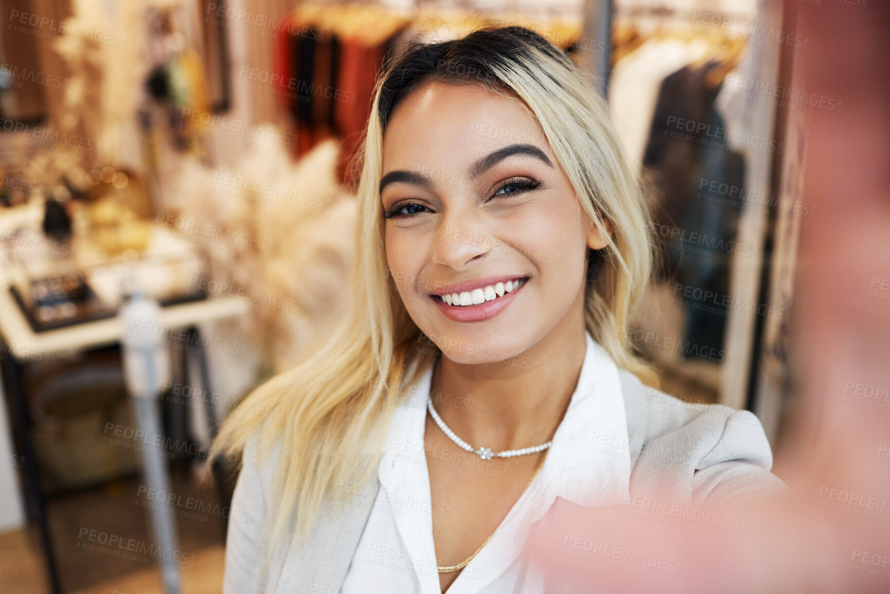 Buy stock photo Woman, portrait and selfie with smartphone with shop in closeup for happiness. Female person, face and selfies at a store with a smile for a sale with beauty to share online with digital app.