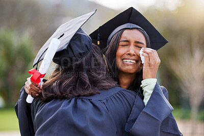 Buy stock photo Education, graduation and crying with friends hugging in support or celebration at a university event. Learning, achievement and hug with students outdoor together to finish their college scholarship