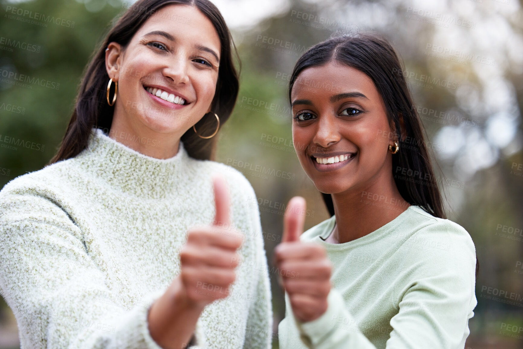 Buy stock photo Young women, thumbs up and university students happy for education or success or like their school study as winning friends. Agreement, yes and and female scholars smile for achievement or on campus