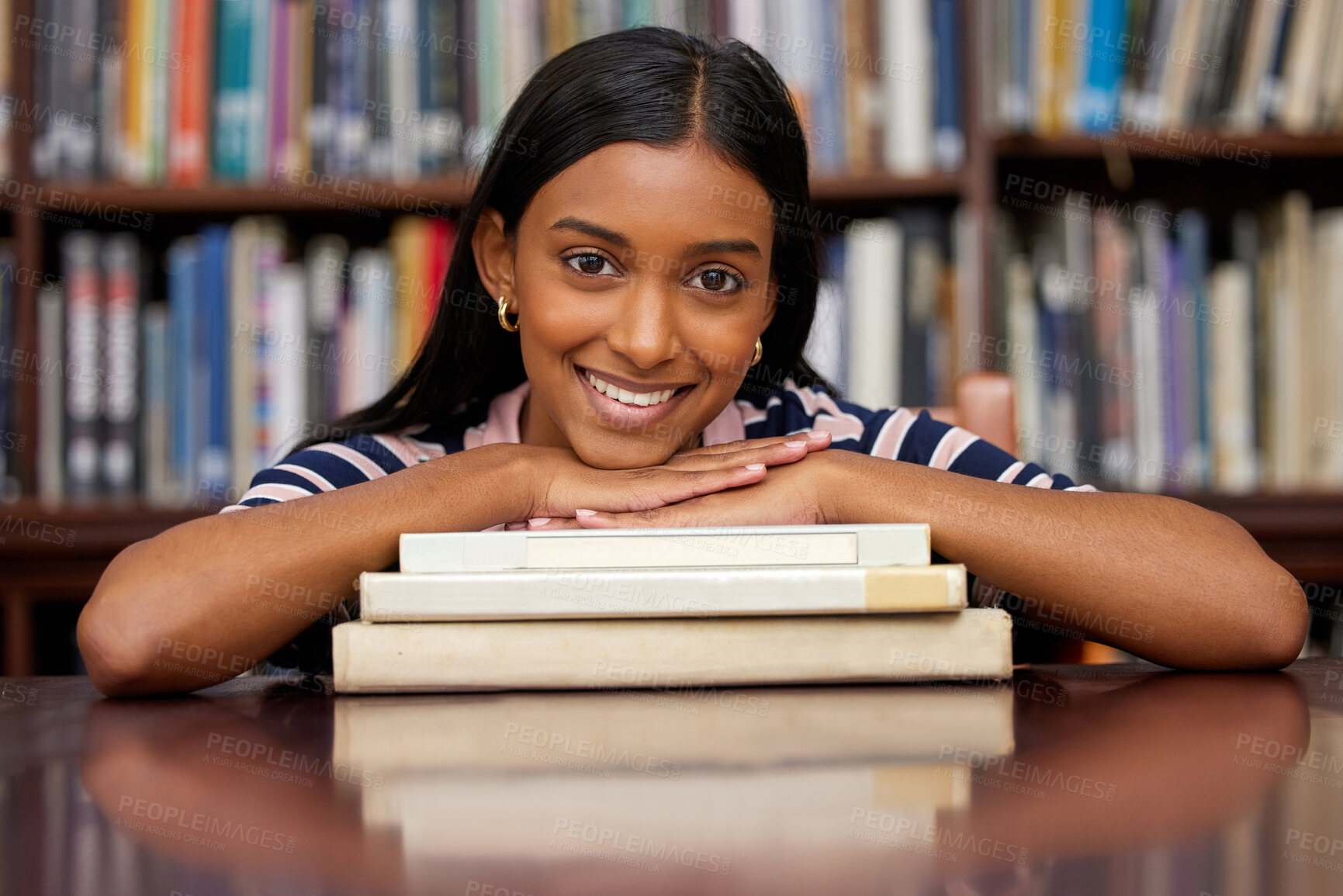 Buy stock photo Student, library book and portrait of woman with textbook for knowledge, education and study hall. Happy, smile and research for college course and class on campus at university learning center