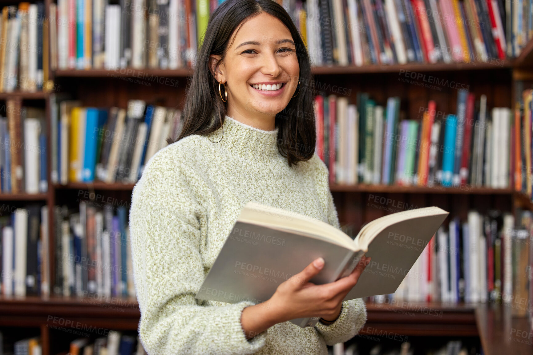 Buy stock photo Girl, college student and books in library for portrait with smile for education, development or study at campus. Woman, person and happy for research, course and reading for knowledge at university