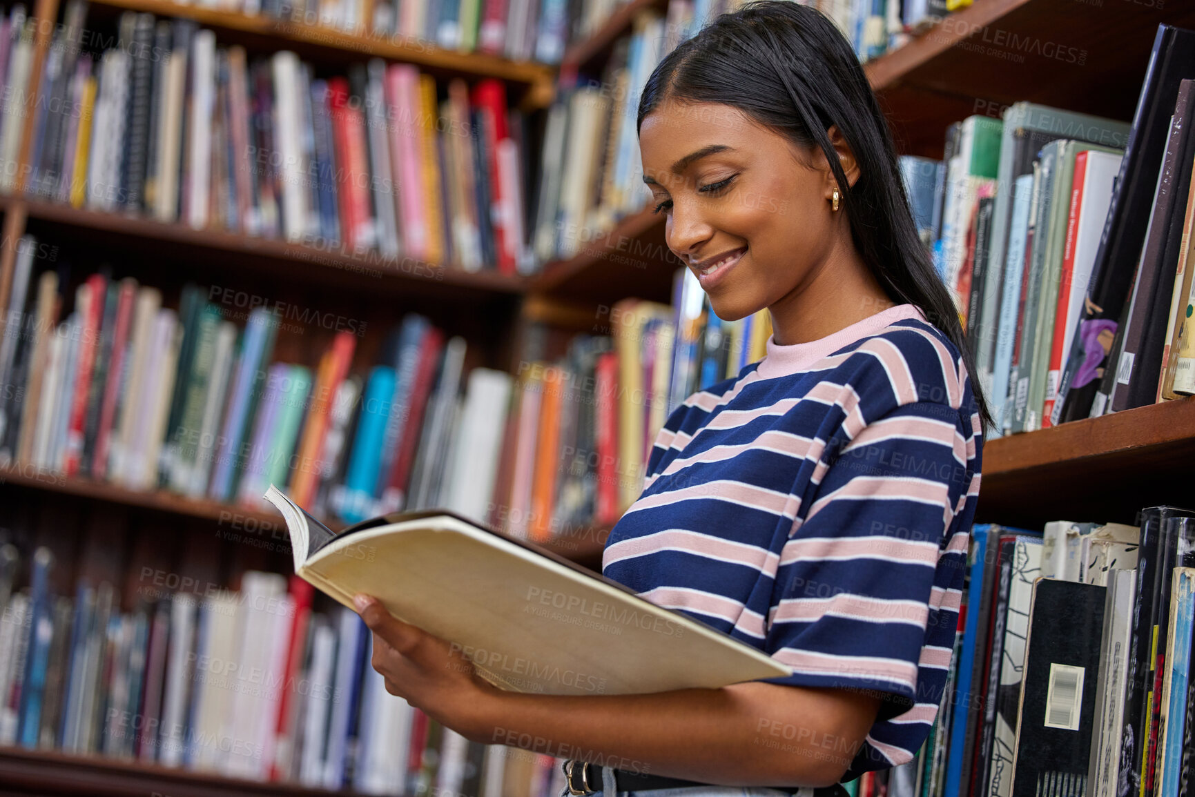 Buy stock photo University, reading and woman with books in library for research, studying and learning. Education, college and happy female student with textbooks for knowledge, information and literature project