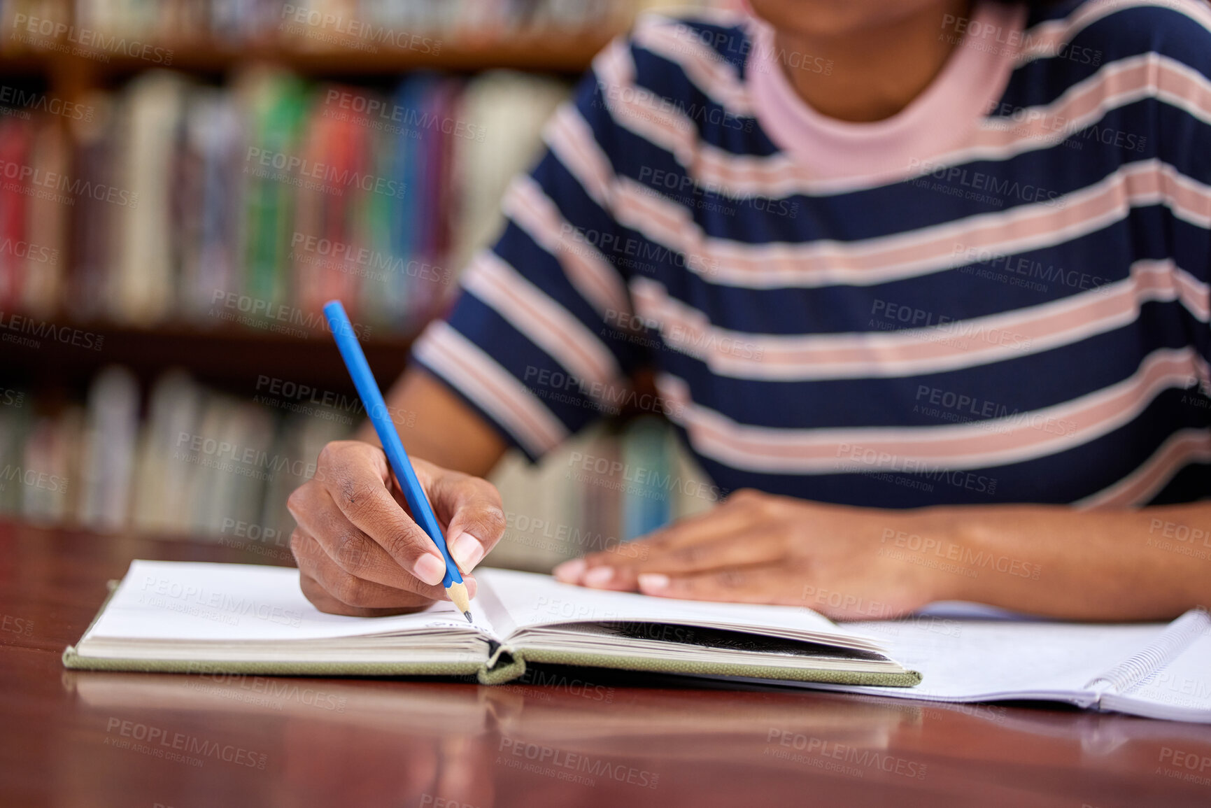 Buy stock photo University, studying and hands of woman with books in library for research, college project and learning. Education, academy and student writing with textbooks for knowledge, information and exam