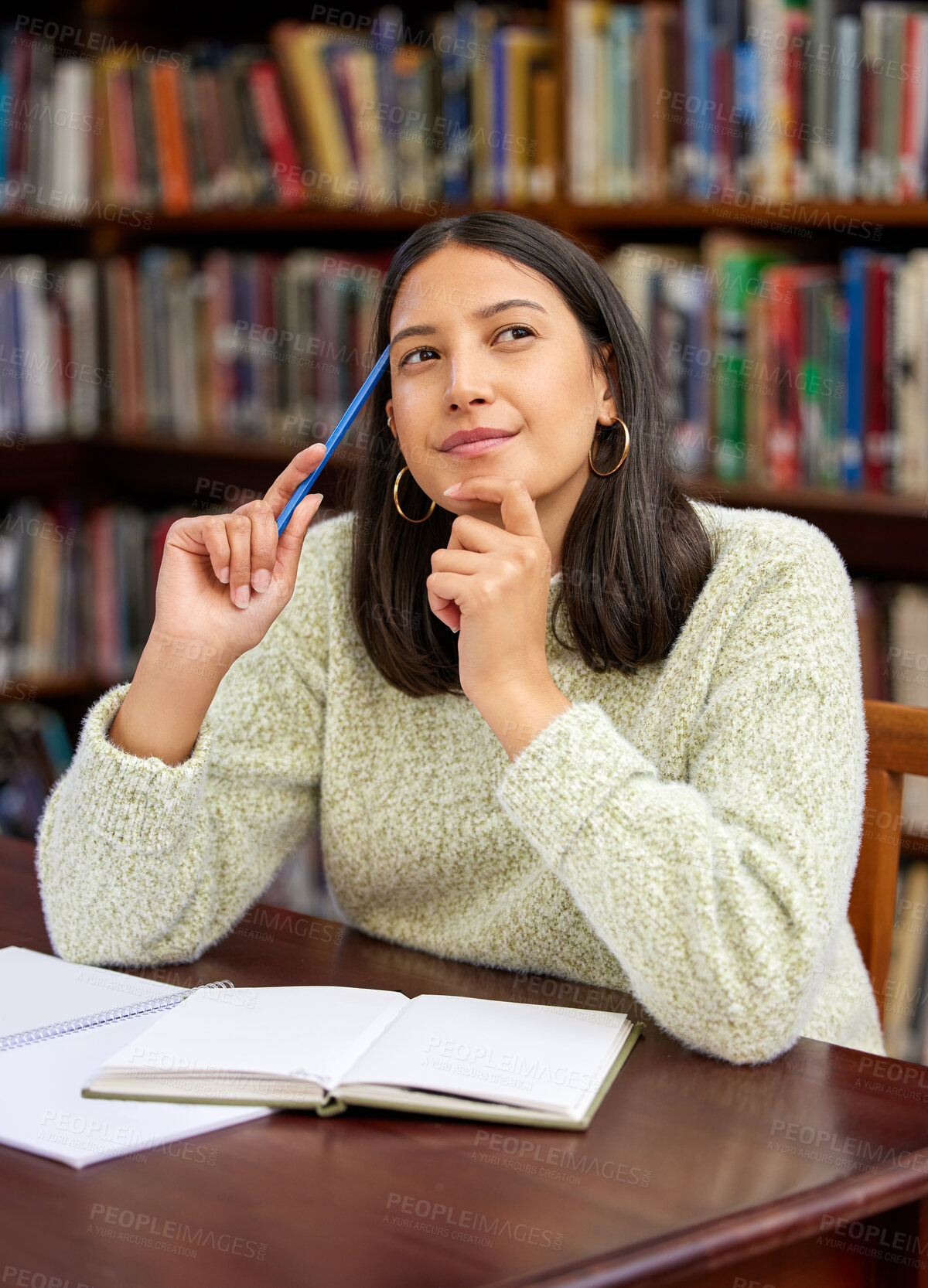 Buy stock photo University, thinking and woman in library with idea for research, studying and learning. Education, college and happy female student with textbooks for knowledge, information and literature project