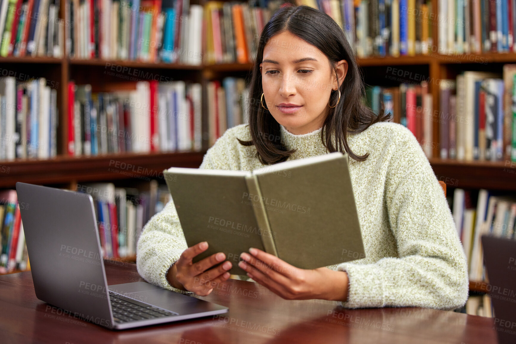 Buy stock photo Library, reading and woman with books and laptop for research, studying and learning. Education, college and student with textbook and computer for knowledge, information and project at university