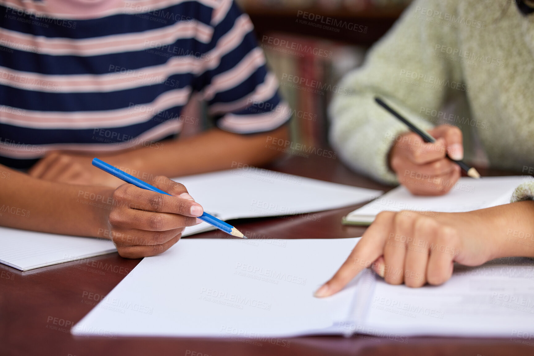 Buy stock photo University, studying and hands of students with books in library for research, college project and learning. Education, writing and people with textbooks for knowledge, information and exam notes