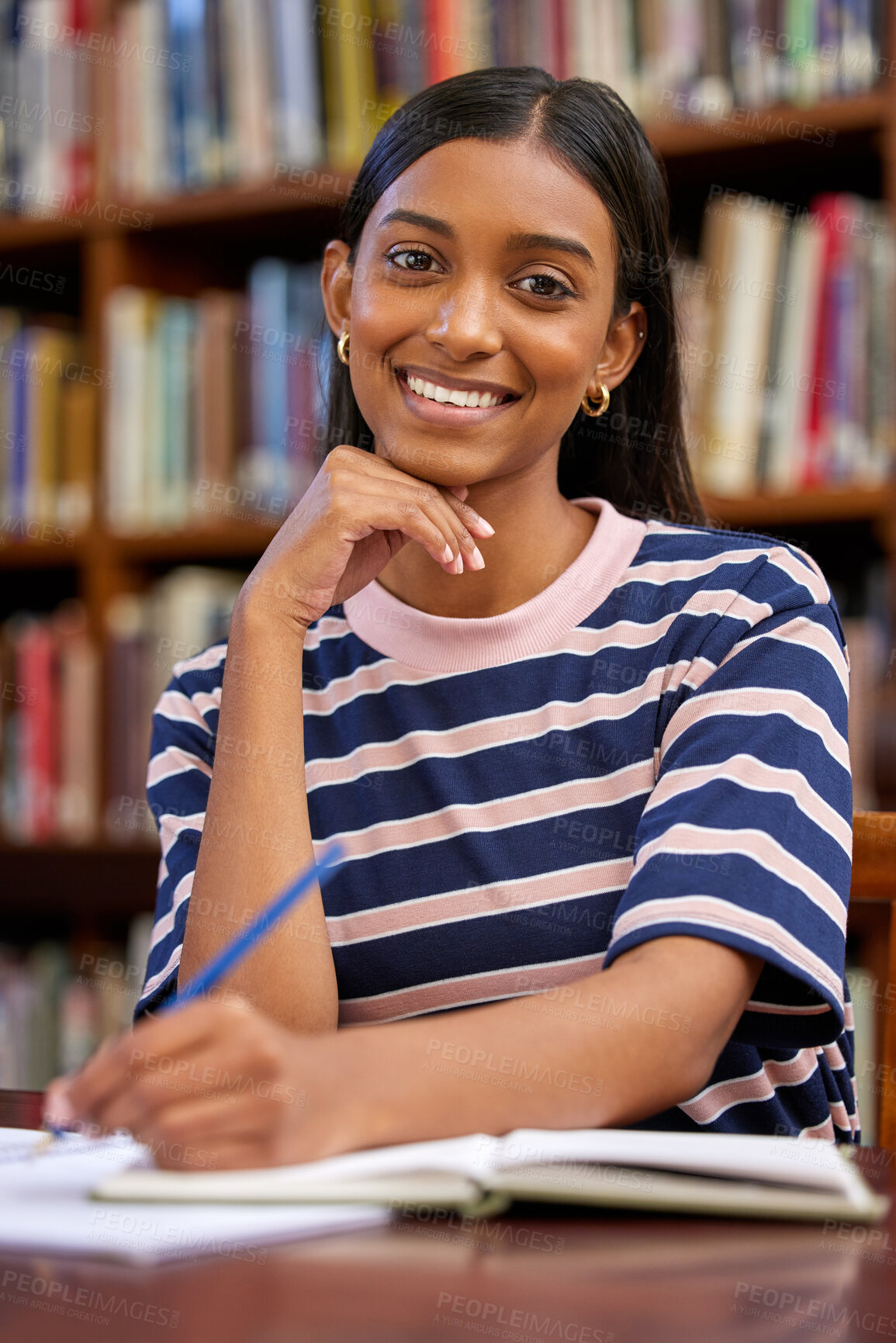 Buy stock photo University, books and portrait of woman in library for research, studying and learning. Education, college and happy female student with textbooks for knowledge, information and literature project