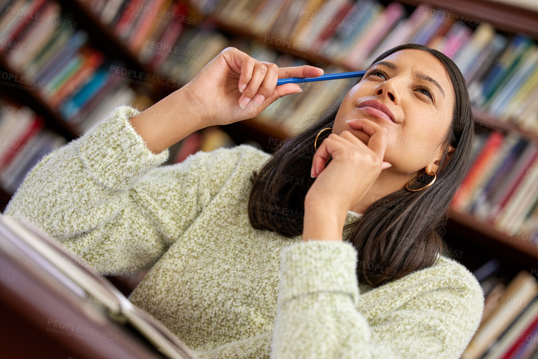 Buy stock photo University, thinking and woman with books in library for research, college project and learning. Education, academy and female student with textbooks for knowledge, information and prepare for exam