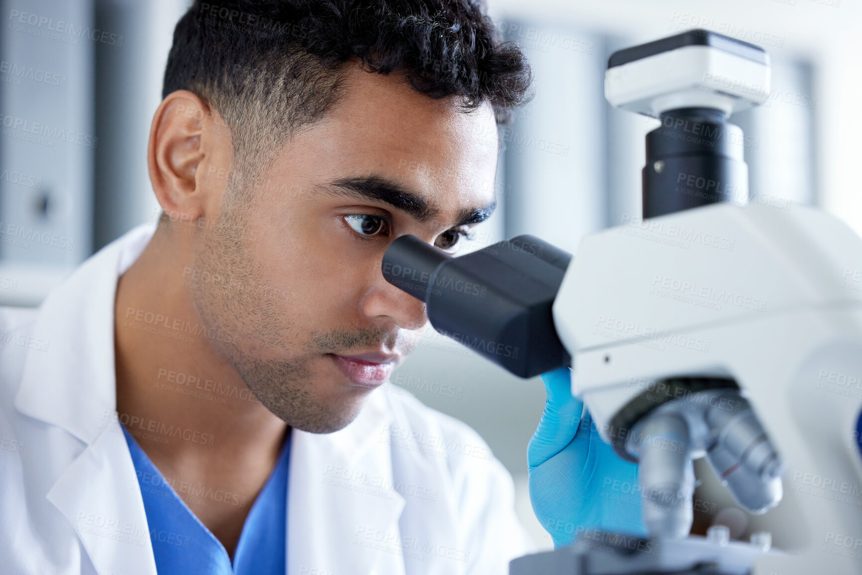 Buy stock photo Science, research and man with microscope, healthcare and medical study in laboratory. Vaccine innovation, scientist or lab technician with investigation, medicine and pharmaceutical development.