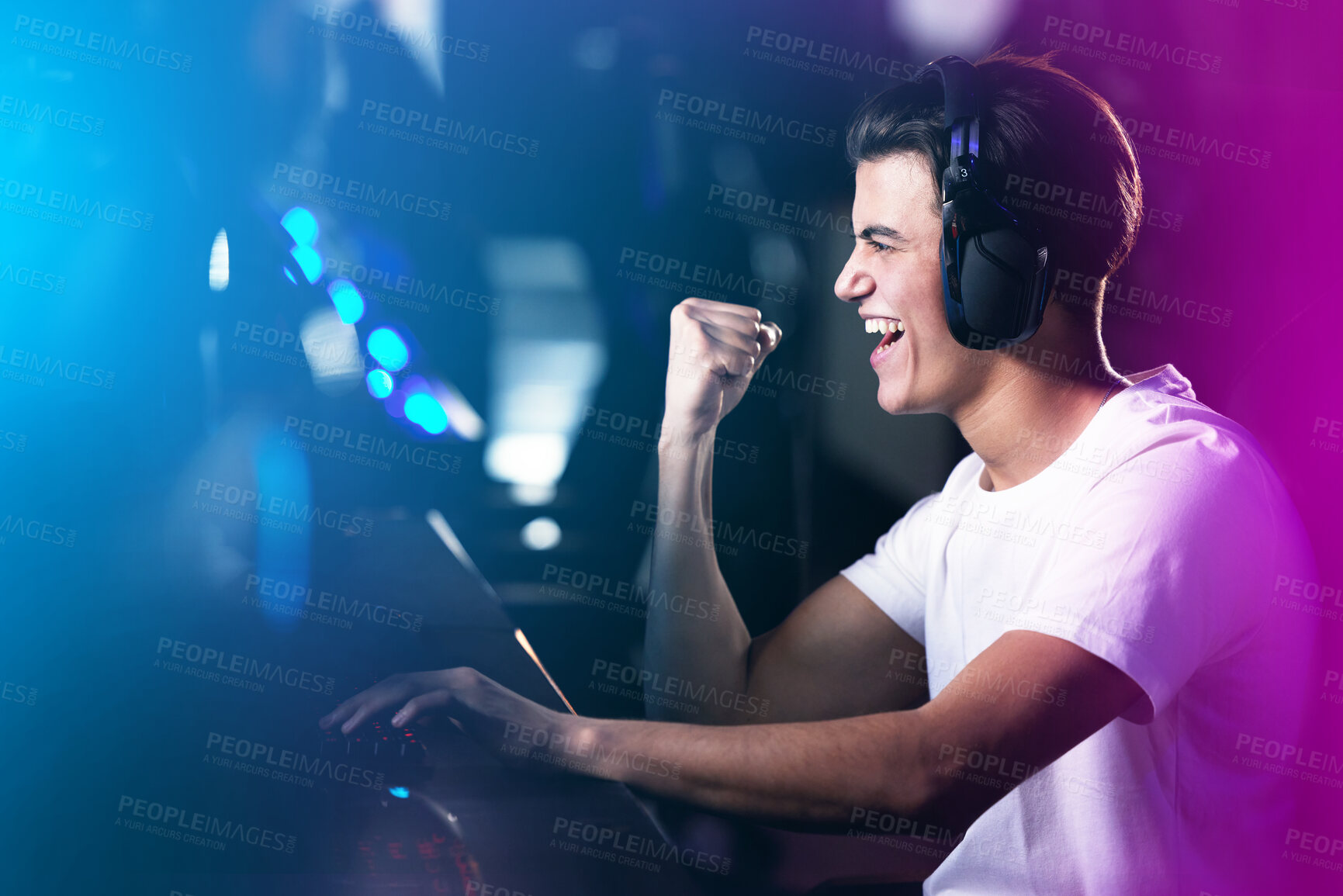 Buy stock photo Neon, man and winner as pro gamer with playing on computer for online video games and excited. Headphones, esports and happy at home with victory on contest, challenge and competition on celebration