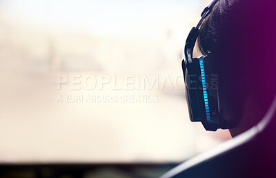 Buy stock photo Gamer, back and neon headsets with screen, man and online streaming for esports competition or virtual gaming. User experience, internet and cyber streamer for entertainment, genz and player banner