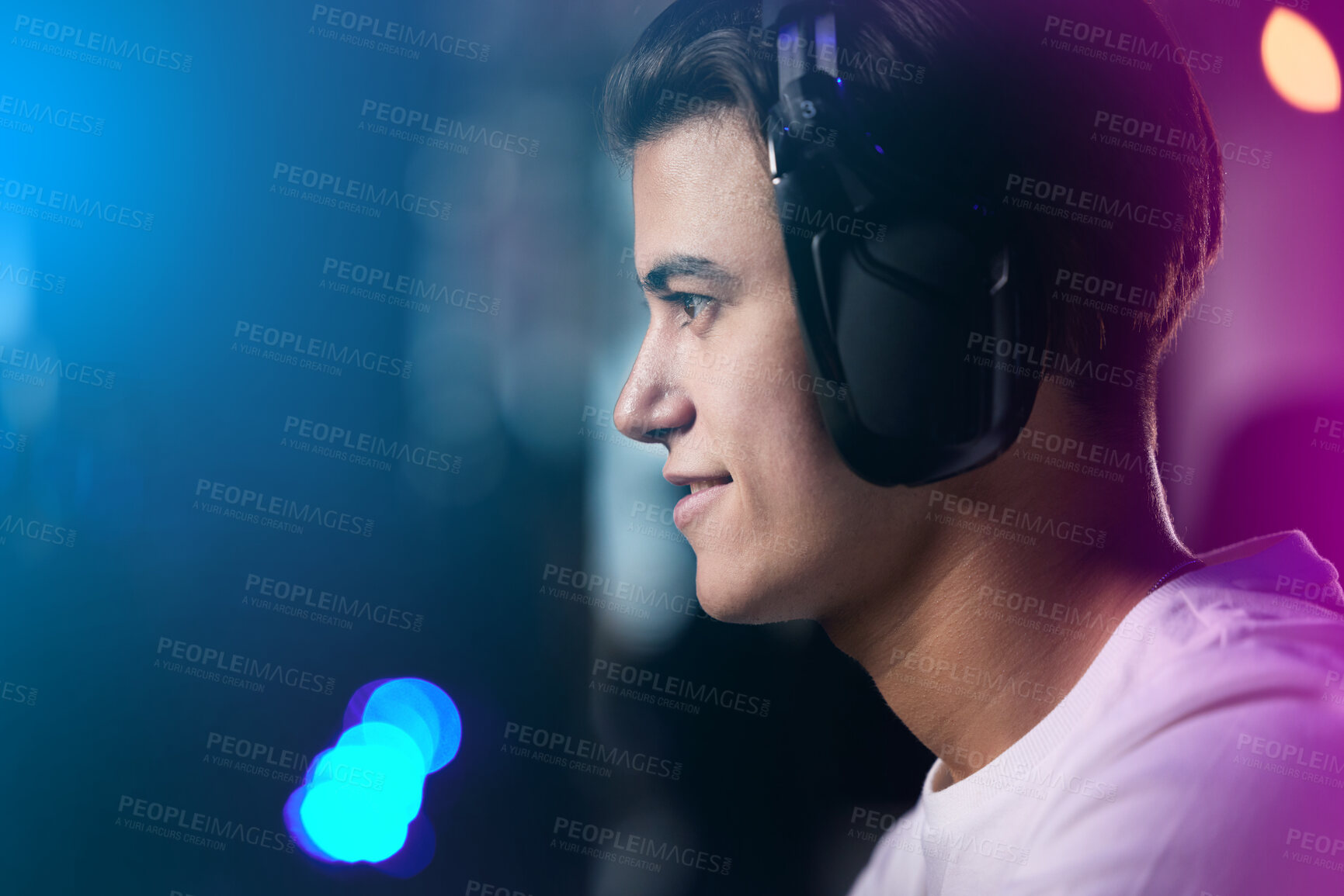 Buy stock photo Neon, profile and man as pro gamer with playing on computer for online video games and smile. Headphones, esports and hobby at home with intense contest or challenge and competition with confidence 