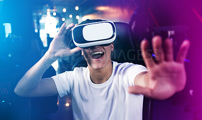 Buy stock photo Man, neon and happy with vr for games as pro for online video challenge and esports. Metaverse experience, futuristic and technology at home for gaming championship, contest and competition as hobby