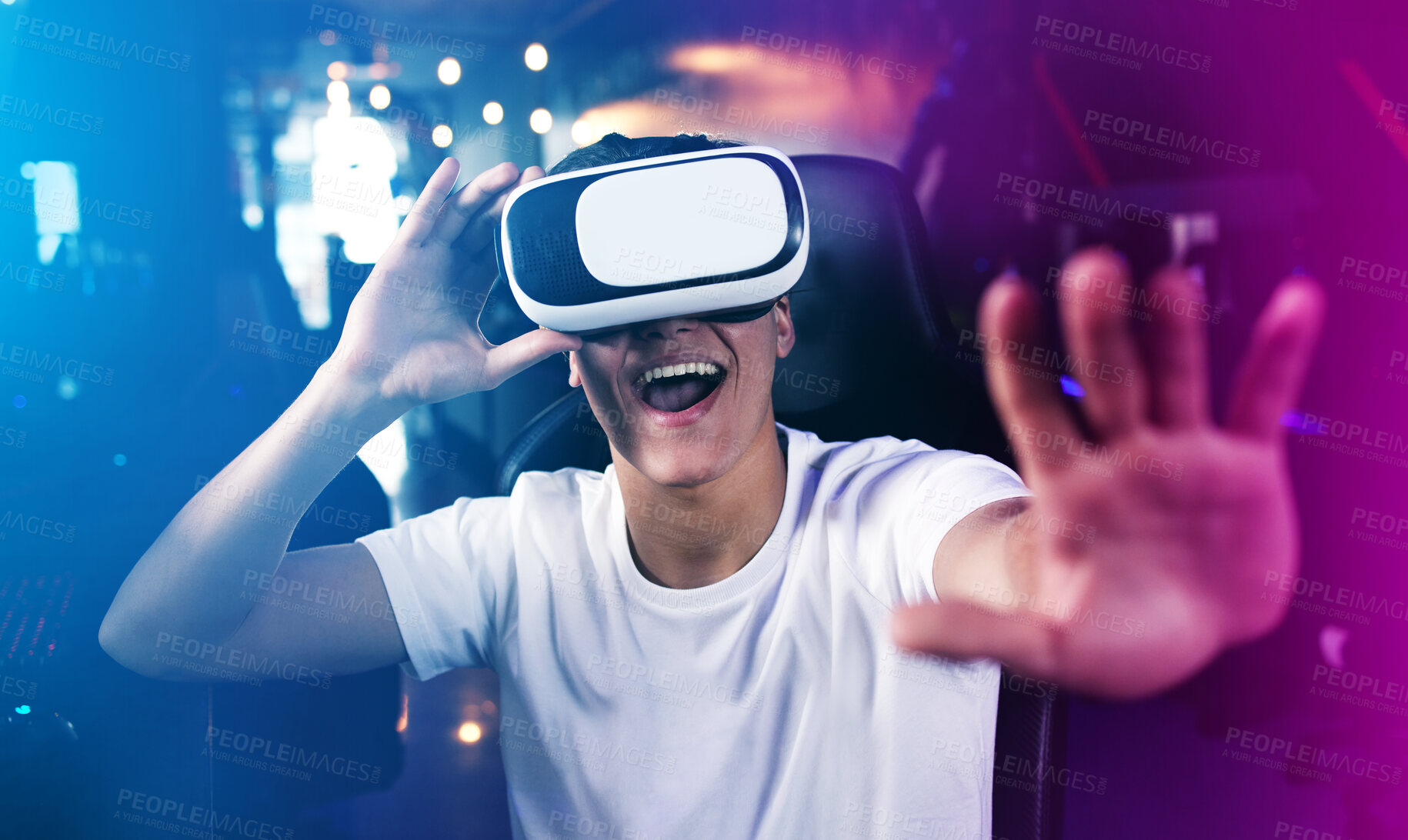 Buy stock photo Man, neon and happy with vr for games as pro for online video challenge and esports. Metaverse experience, futuristic and technology at home for gaming championship, contest and competition as hobby