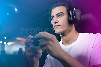 Buy stock photo Neon, joystick and man as pro gamer with playing on computer for online video games and serious. Headphones, esports and hobby at home with intense contest or challenge and competition in confidence