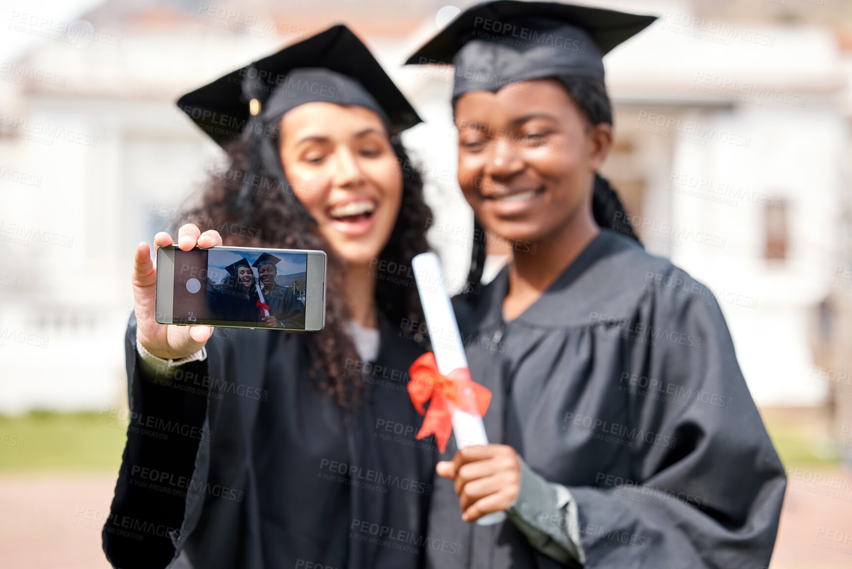 Buy stock photo Woman, friends and happy with selfie for graduation on campus on celebration, success and completion for qualification. Memories, university and classmate with smile, excited and joy for certificate
