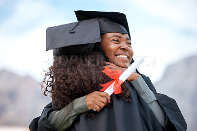 Buy stock photo Graduation hug, education and women with certificate for scholarship, achievement or school success. Happy, affection and friends or students hugging with a smile to celebrate a diploma from college