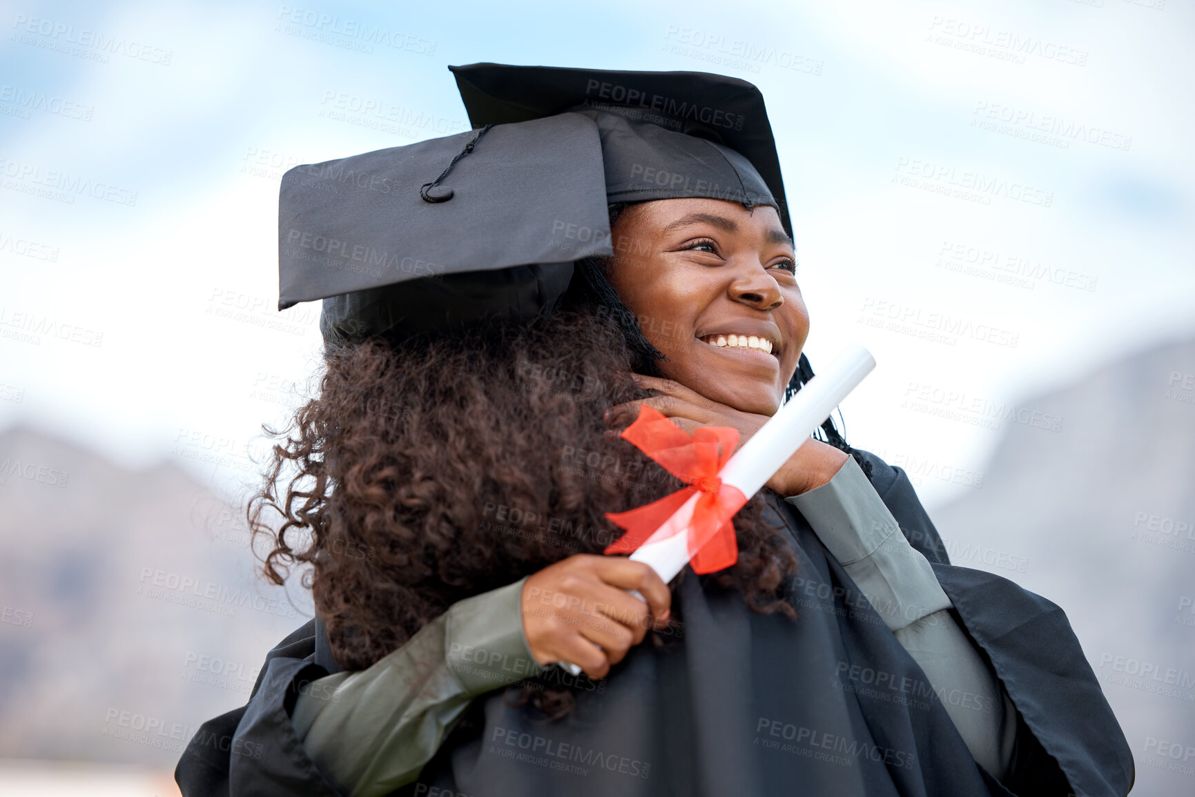 Buy stock photo Graduation hug, education and women with certificate for scholarship, achievement or school success. Happy, affection and friends or students hugging with a smile to celebrate a diploma from college
