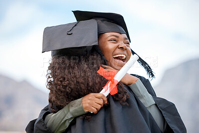 Buy stock photo Graduation hug, excited and women with certificate for scholarship, achievement or school success. Happy, affection and friends or students hugging with a smile to celebrate a diploma from college