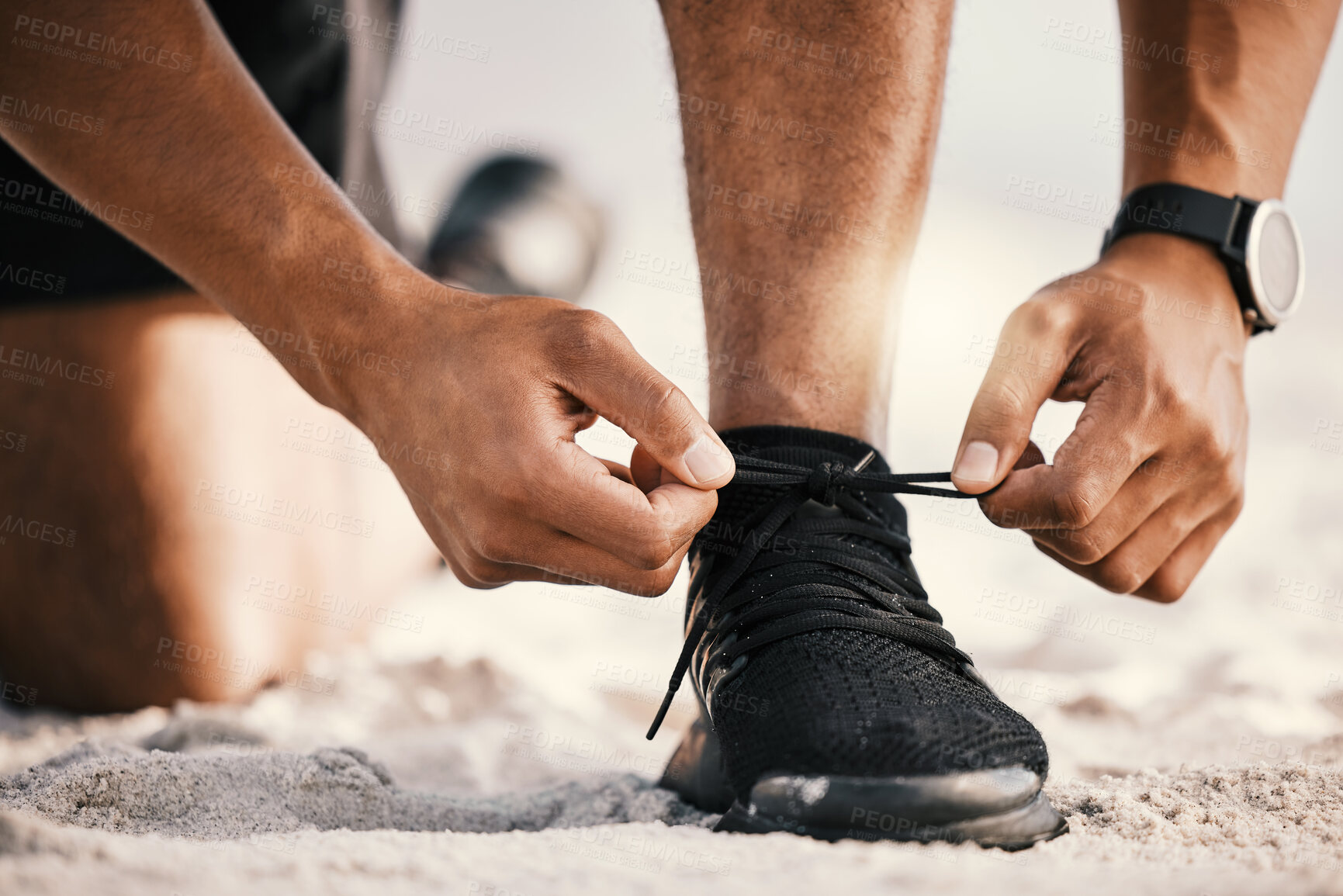 Buy stock photo Runner, hands and tying shoes in outdoor for cardio, workout, endurance training or marathon challenge. Closeup, sneakers and feet of male athlete ready for running, fitness or morning exercise