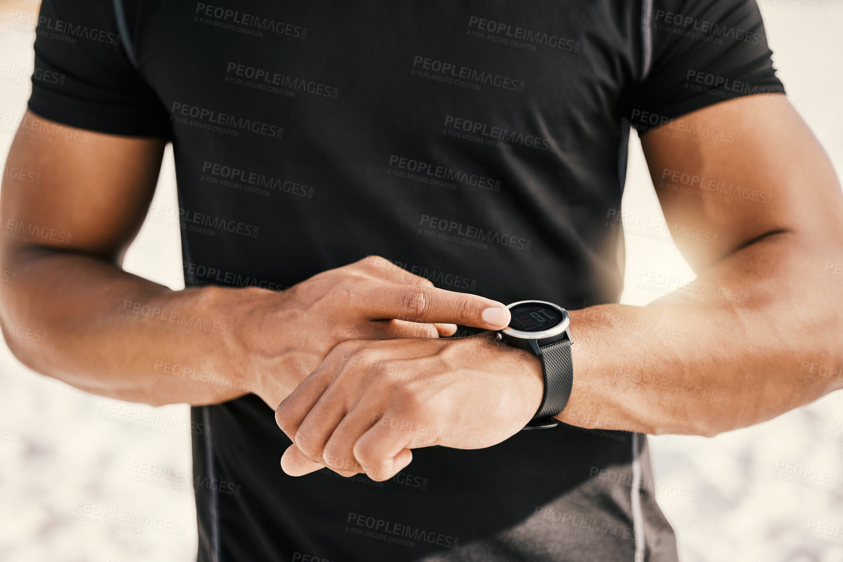 Buy stock photo Watch, hands of man and fitness on beach for running stats, cardio progress or marathon training in outdoor. Closeup, sports and male athlete with tech for wellness, monitor workout or exercise