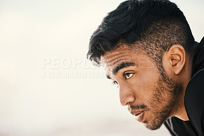Buy stock photo Closeup shot of a man resting during his workout outdoors