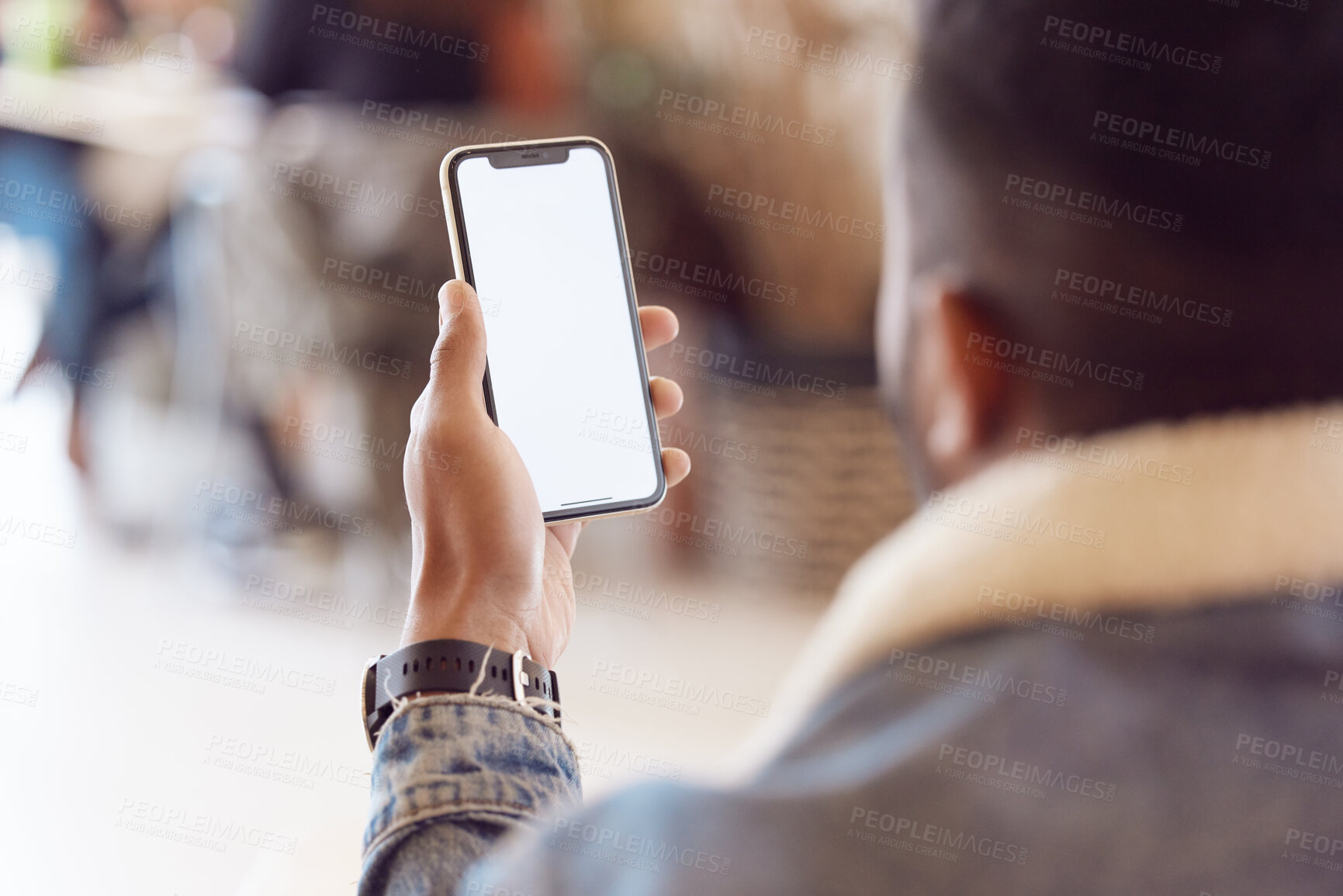 Buy stock photo Man, back and smartphone screen in coffee shop, mock up and message notification or relax with tech mobile app. Browse, email and social media or online shopping, male person and blank communication