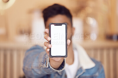 Buy stock photo Man, smartphone and mock up screen in cafe, hand and holding for message notification or social media information. Online, branding and website logo or promotion post, internet and ecommerce app