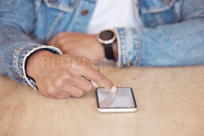 Buy stock photo Hands, screen and smartphone in cafe for social media, communication or networking. Online, notification and male person at table with mobile for browsing internet, trending update or lunch break