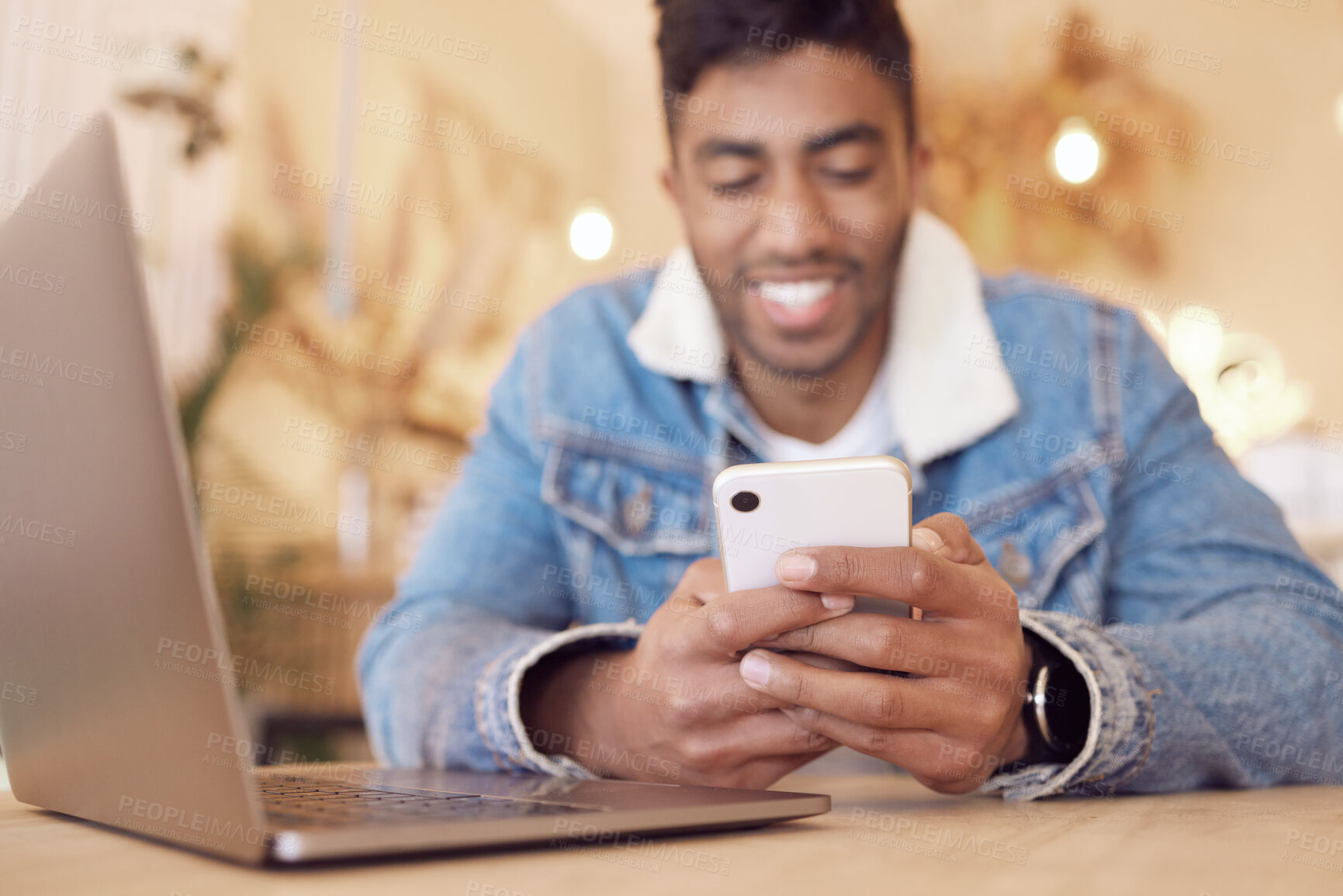 Buy stock photo Happy man, laptop and smartphone in cafe for social media, communication or networking. Online, notification and hands of person with mobile for browsing internet, digital update or lunch break