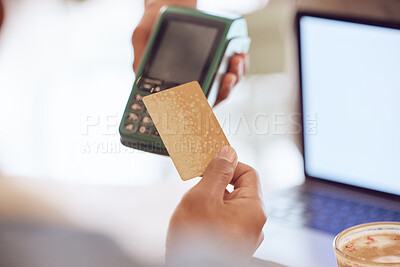 Buy stock photo Man, hand and paying machine with card in coffee shop, fintech and mock up laptop with blank screen or freelancer. Internet cafe, restaurant and purchase transaction for service, remote and customer