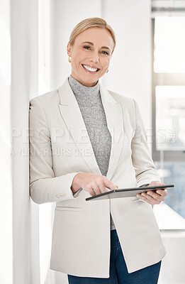 Buy stock photo Lawyer, portrait and business woman with tablet in office, workplace or company. Face, technology and happy female entrepreneur, professional or attorney from Australia with pride for career or job.