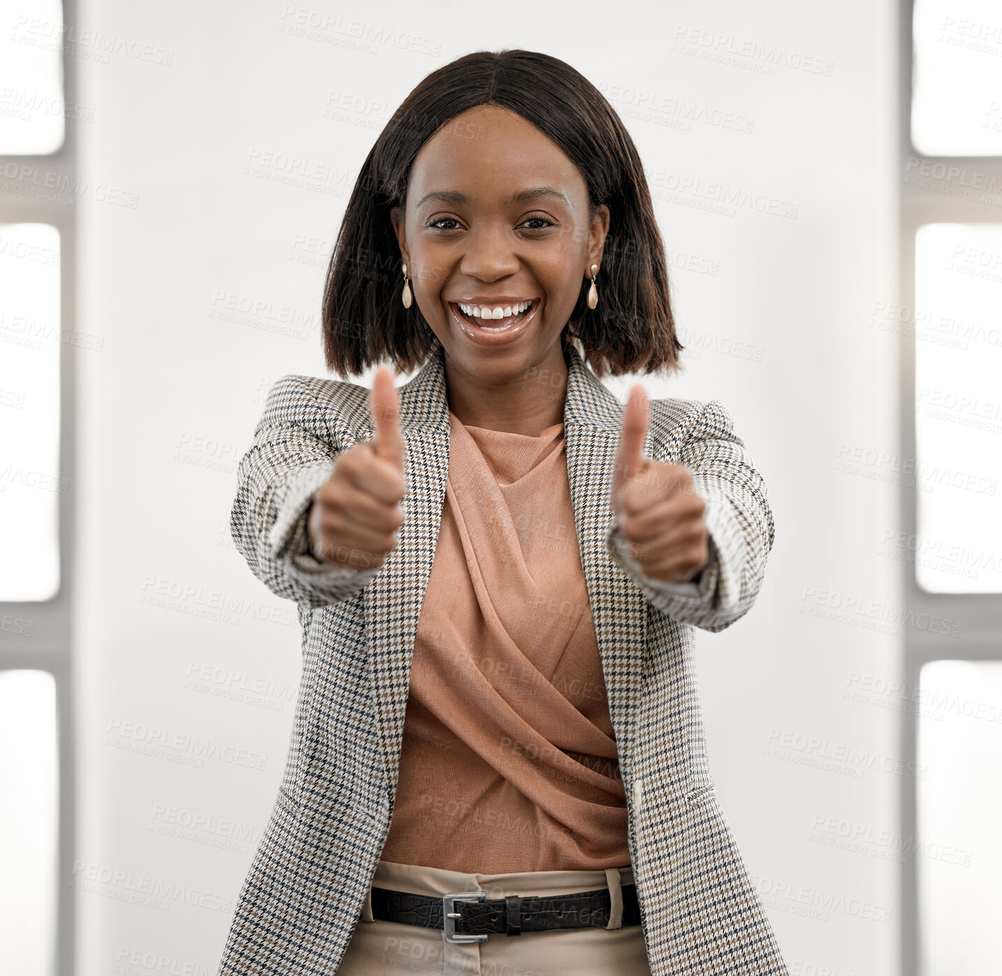 Buy stock photo Portrait, happy and black woman with thumbs up for business success, agreement or support. Face, like hand gesture and African female person with emoji for review, vote and thank you for feedback.