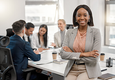 Buy stock photo Portrait, black woman and lawyer with arms crossed for business, leadership and office meeting. Face, confidence and happy African female entrepreneur, professional and attorney with success mindset