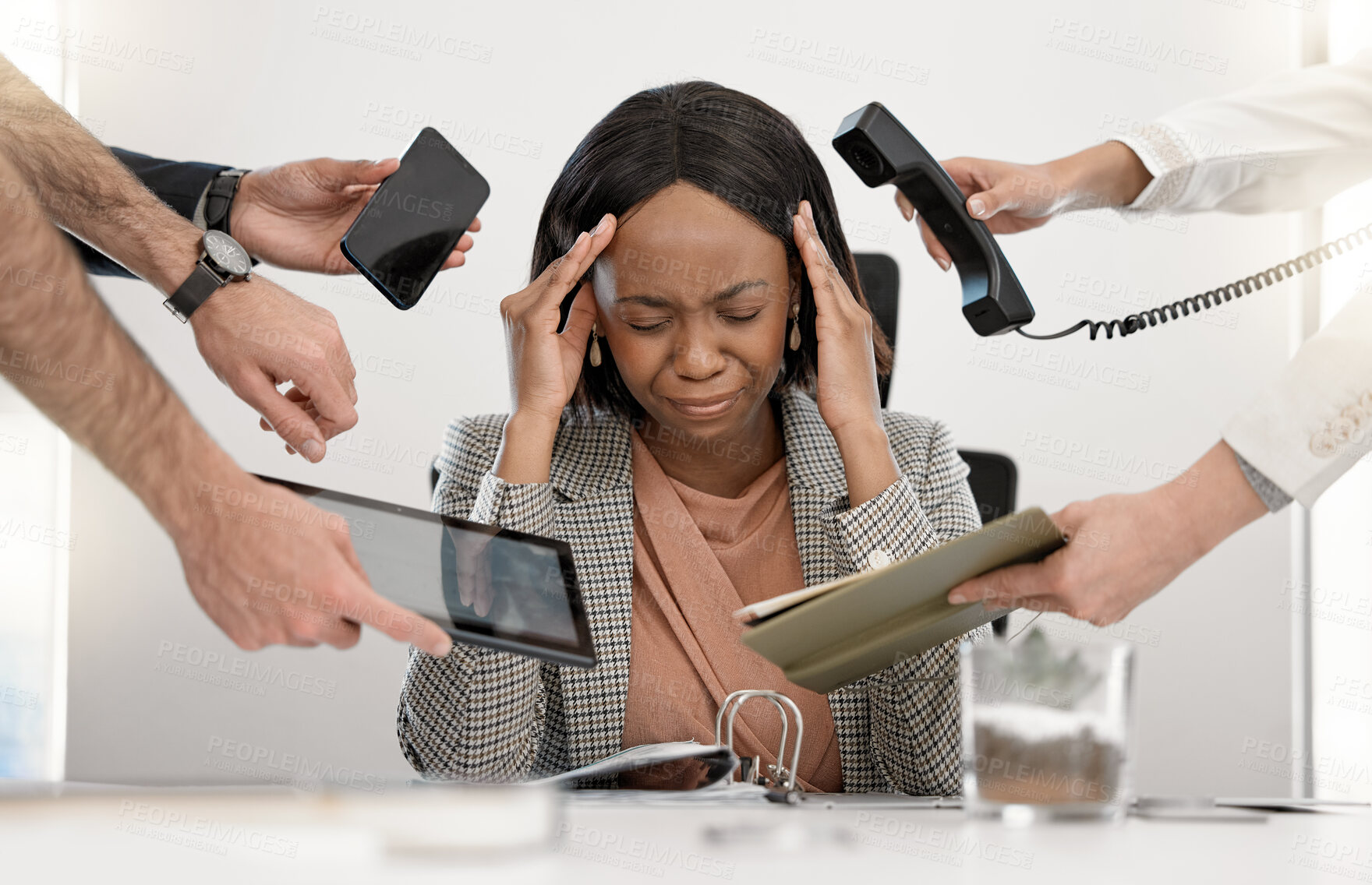 Buy stock photo Chaos, hands and woman with stress, workflow crisis and business people with burnout, startup anxiety and mental health. African person, employees and consultant with pressure, tension and overworked