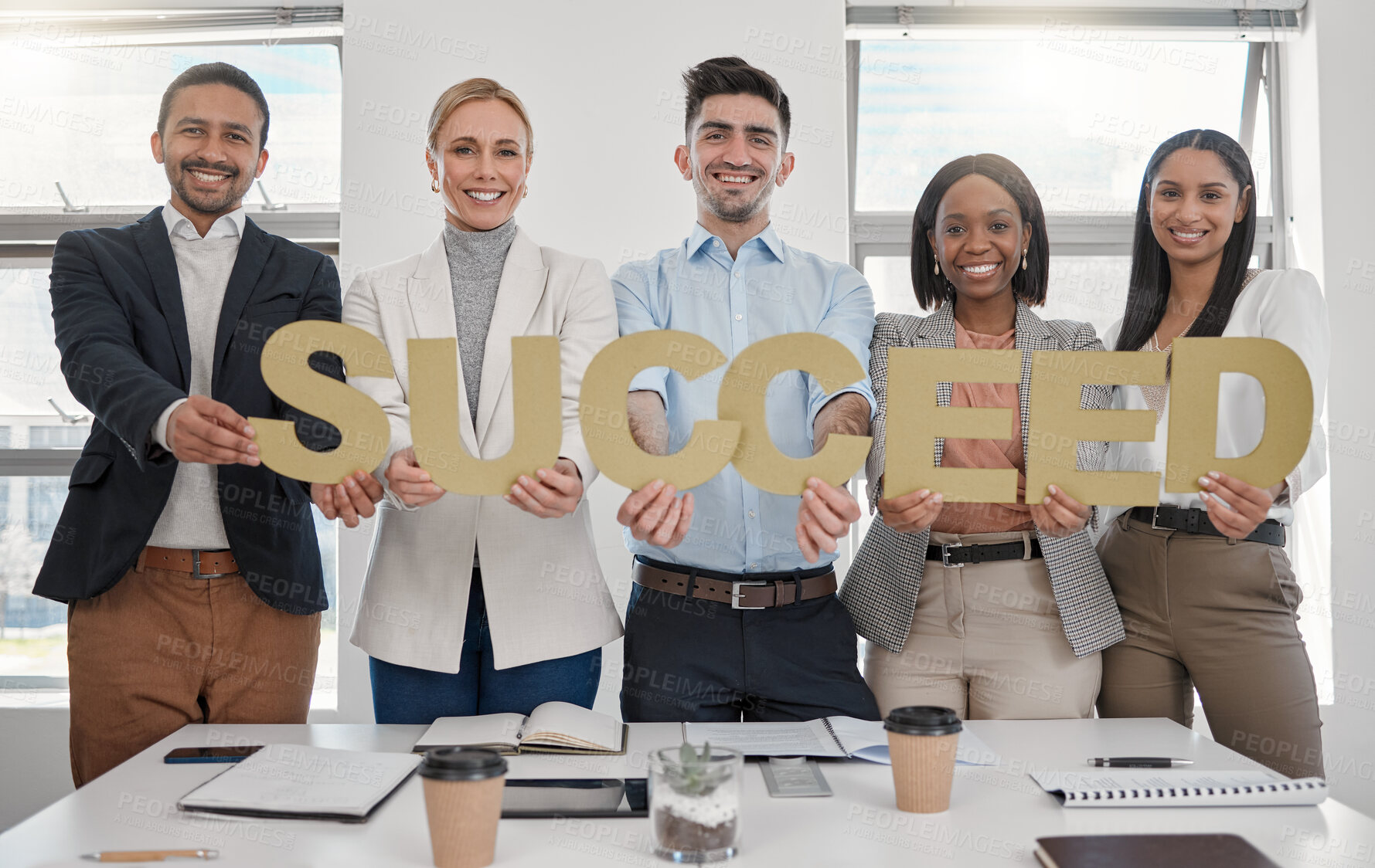 Buy stock photo Portrait, smile and group of business people with letters for collaboration success, workforce and inclusion in office. Corporate employees, teamwork and spelling word for company diversity and trust