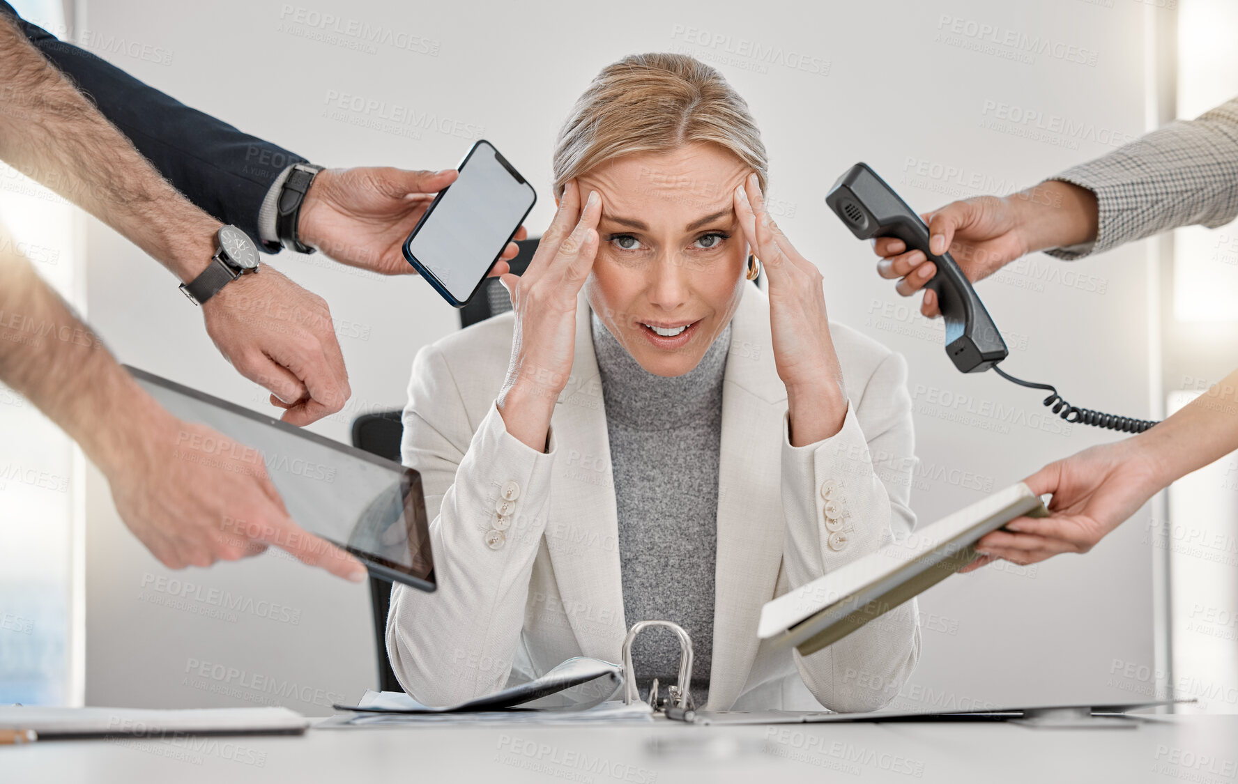 Buy stock photo Chaos, hands and woman with portrait, workflow crisis and business people with burnout, anxiety and time management. Face, employees and manager with pressure, migraine and overwhelmed with deadline