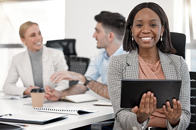 Buy stock photo Portrait, business accountant and black woman with tablet in corporate office meeting. Face, technology and happy African female entrepreneur, professional auditor and success mindset for leadership.