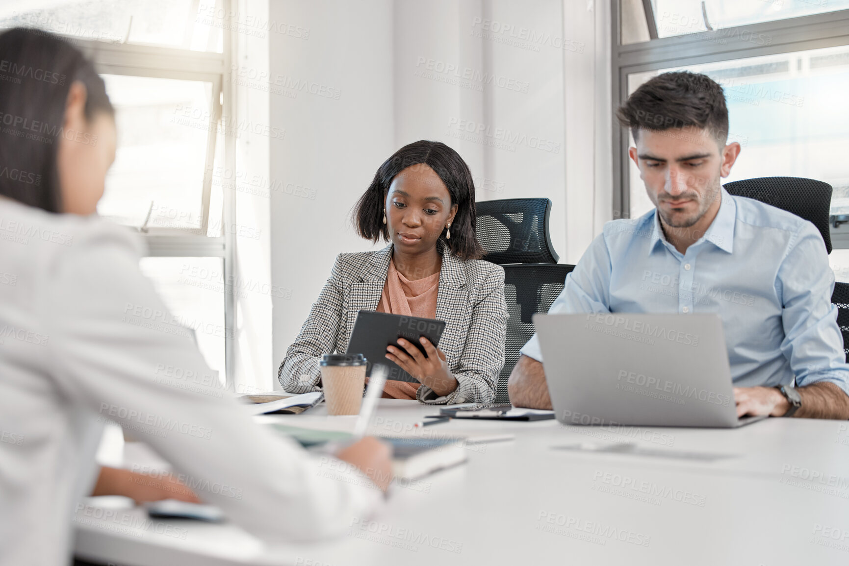 Buy stock photo People, meeting and technology in office with strategy for deadline or project as accountant. Employee, partnership and teamwork for financial reviews, records and laptop or tablet for research