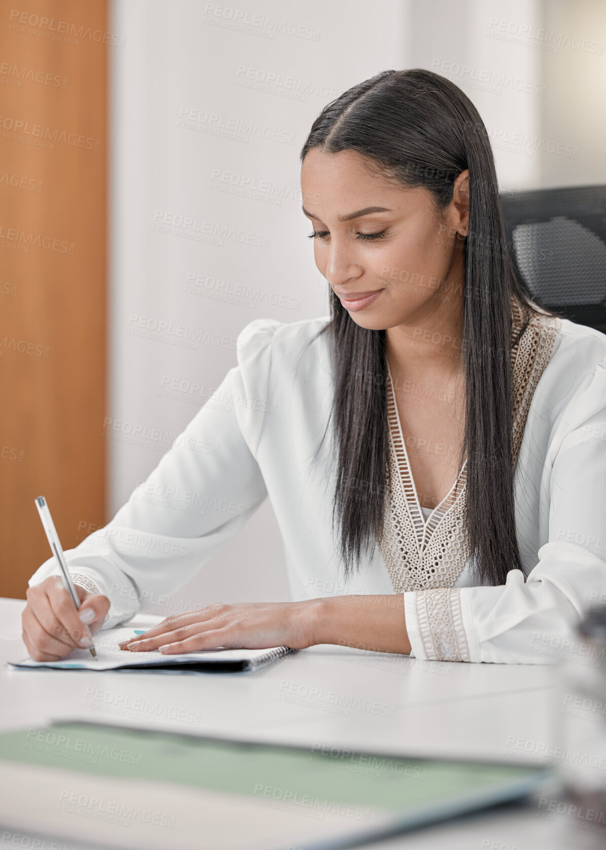 Buy stock photo Woman, office and smile with writing notes or ideas with strategy, planning and admin as hr manager. Female person, workplace and happy with calendar, agenda and paperwork or documents and contract